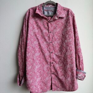 Robert Graham Stripe Red Abstract Whinsical Button Down Floral Cuff Size 3XL